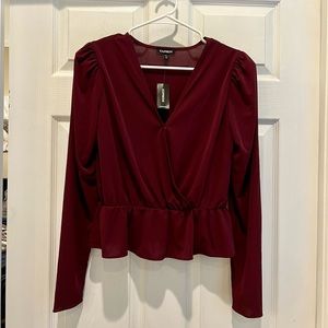 Express Burgundy Long Sleeve Padded Shoulder Blouse XS